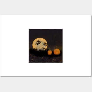 Pumpkins in a graveyard with full moon Posters and Art